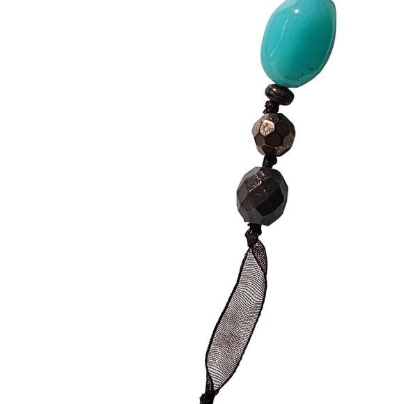 Boho Turquoise Beaded Brown Ribbon Necklace Southwest Fashion Jewelry Women - Picture 3 of 5